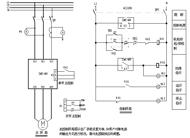CMC-MX內(nèi)置旁路軟起動(dòng)器基本接線原理圖、三角形內(nèi)接連接圖和典型應(yīng)用接線圖(圖3)